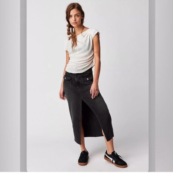 NWOT We The Free × Free People Madison Denim Midi Skirt In Black Size 25 - Picture 1 of 12